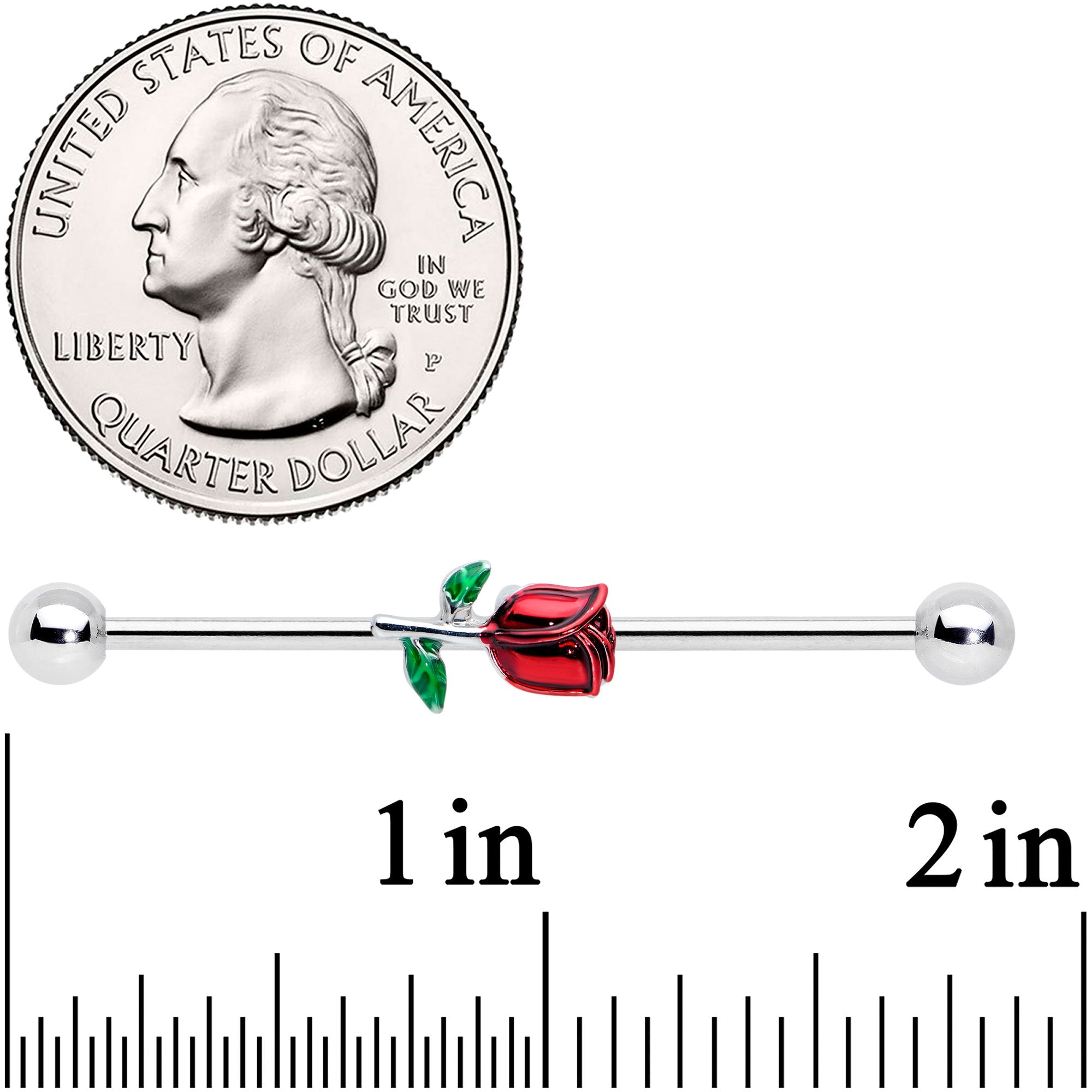 BodyCandy 14G Red Rose Flower Valentines Day Industrial Barbell 38mm — detail close-up