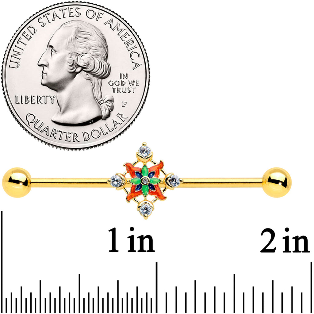 BodyCandy 14G Clear CZ Gem Gold Tone Color Crest Industrial Barbell 38mm — detail close-up