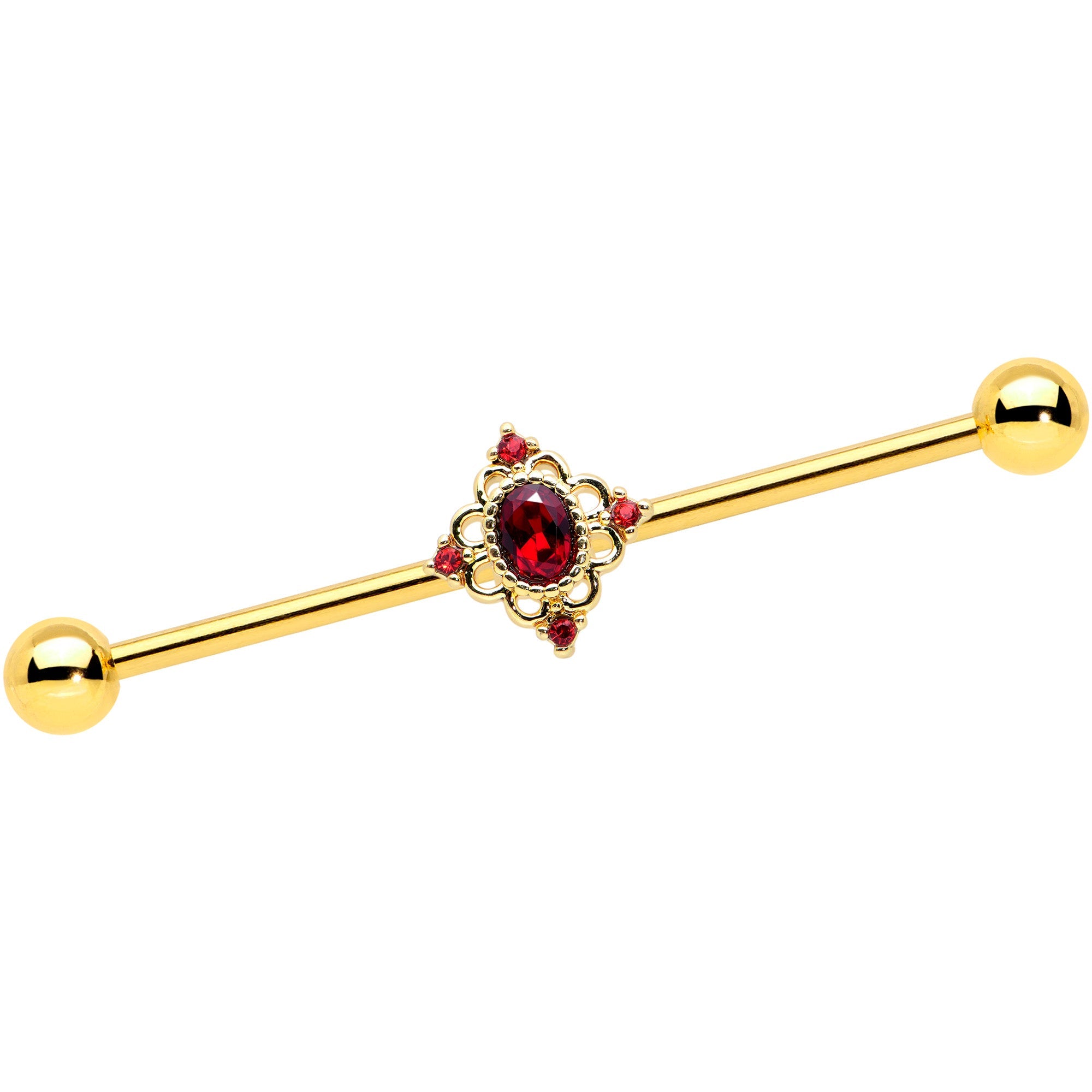 BodyCandy 14G Red Gem Gold Tone Rich Regal Rhombus Industrial Barbell 38mm — main product shot