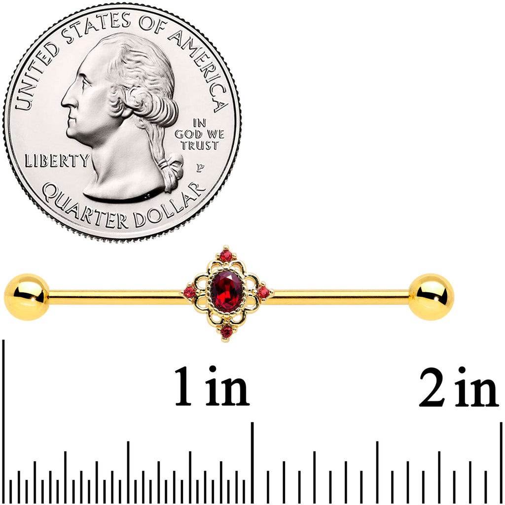 BodyCandy 14G Red Gem Gold Tone Rich Regal Rhombus Industrial Barbell 38mm — detail close-up