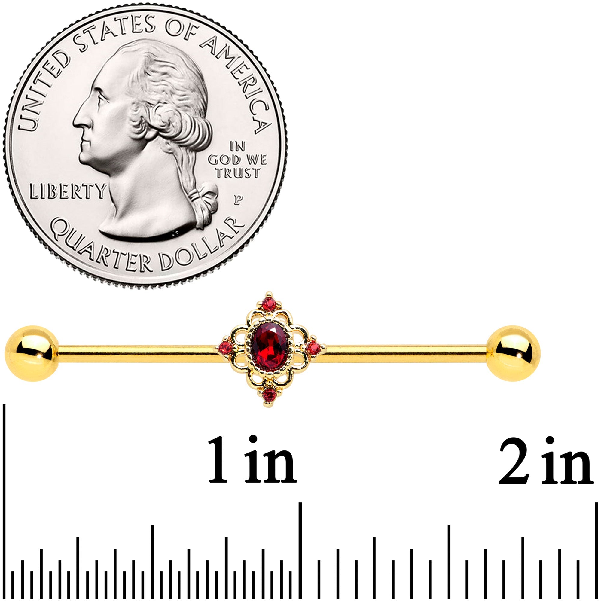 BodyCandy 14G Red Gem Gold Tone Rich Regal Rhombus Industrial Barbell 38mm — detail close-up