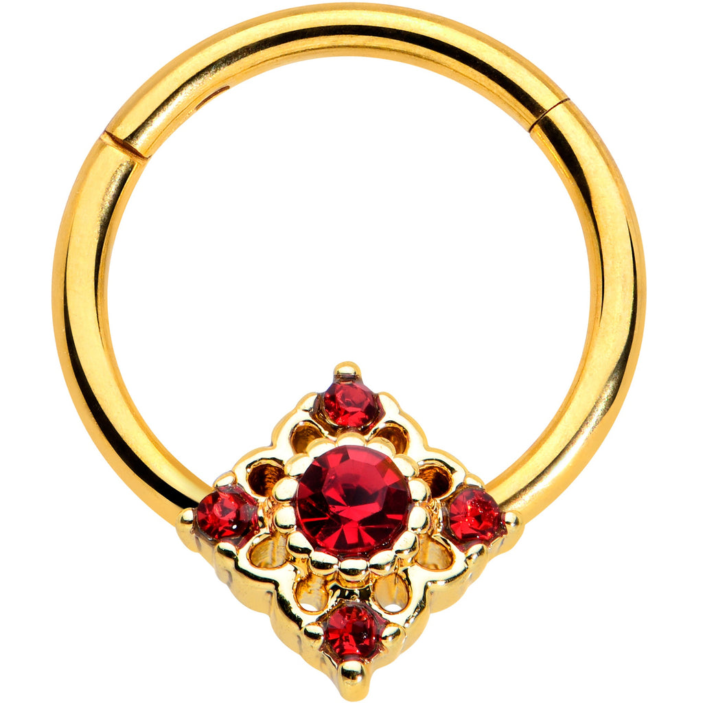 BodyCandy 16G 3/8 Red Gem Gold Tone Regal Rhombus Hinged Segment Ring — main product shot