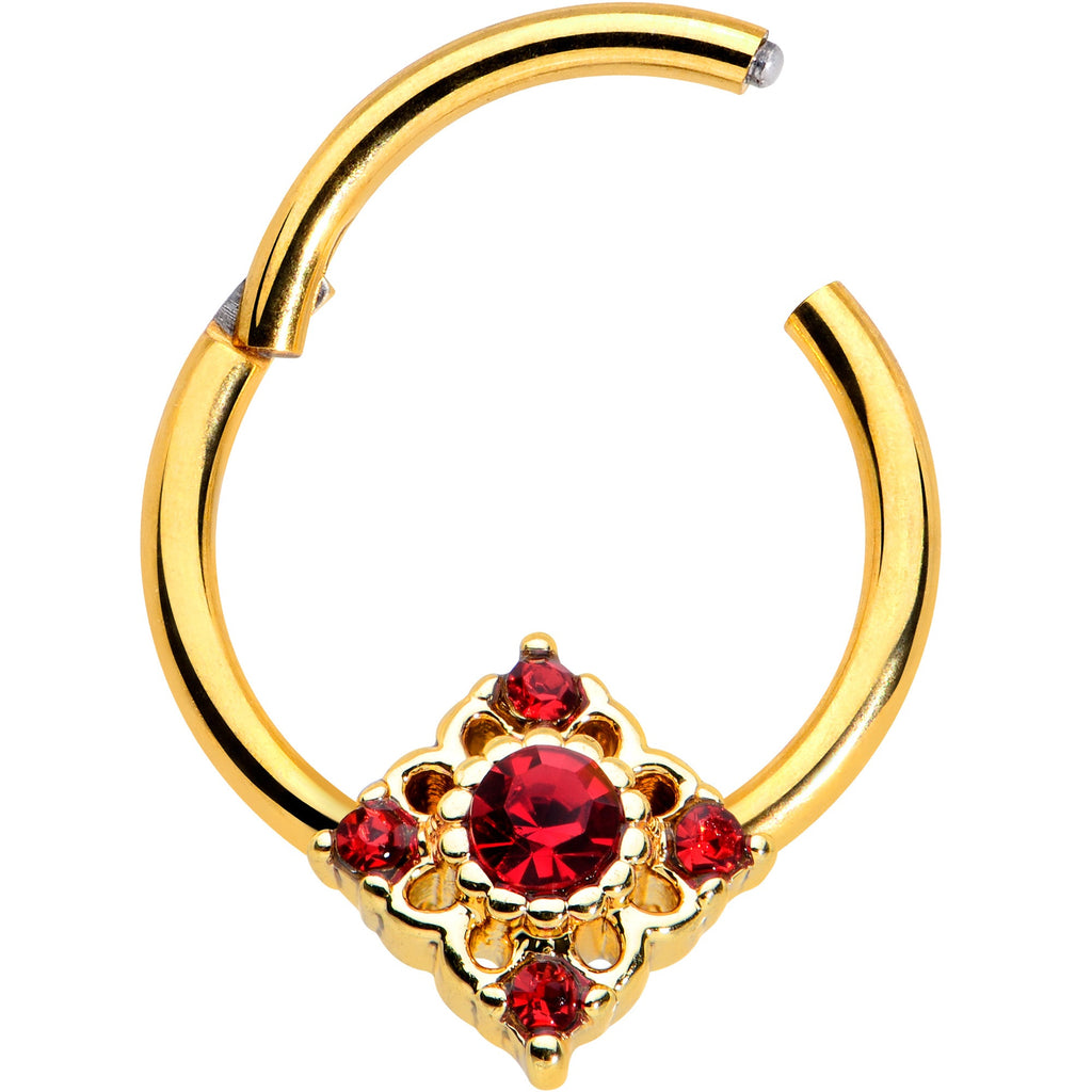 BodyCandy 16G 3/8 Red Gem Gold Tone Regal Rhombus Hinged Segment Ring — detail close-up