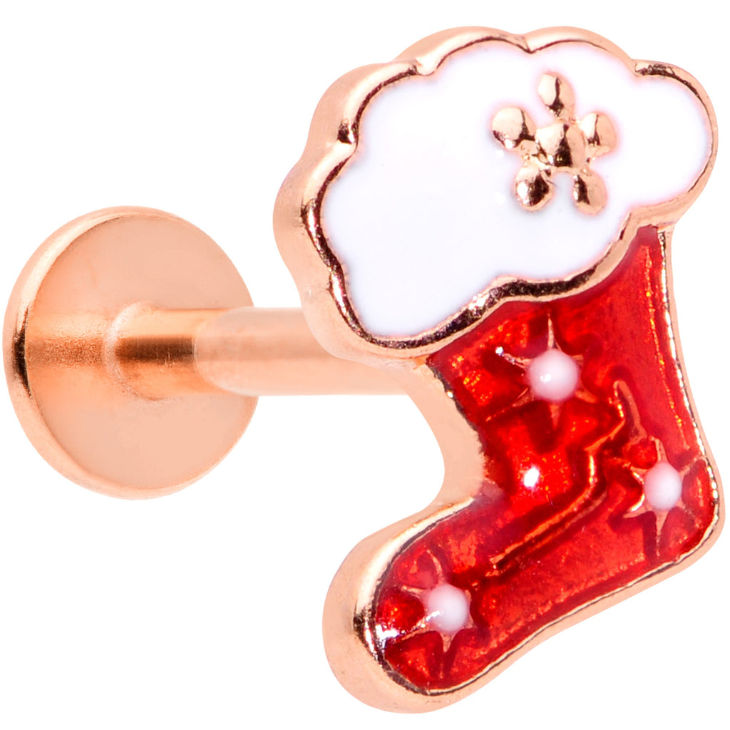 BodyCandy 16G 5/16 Rose Gold Tone Red Christmas Stocking Labret Tragus — main product shot