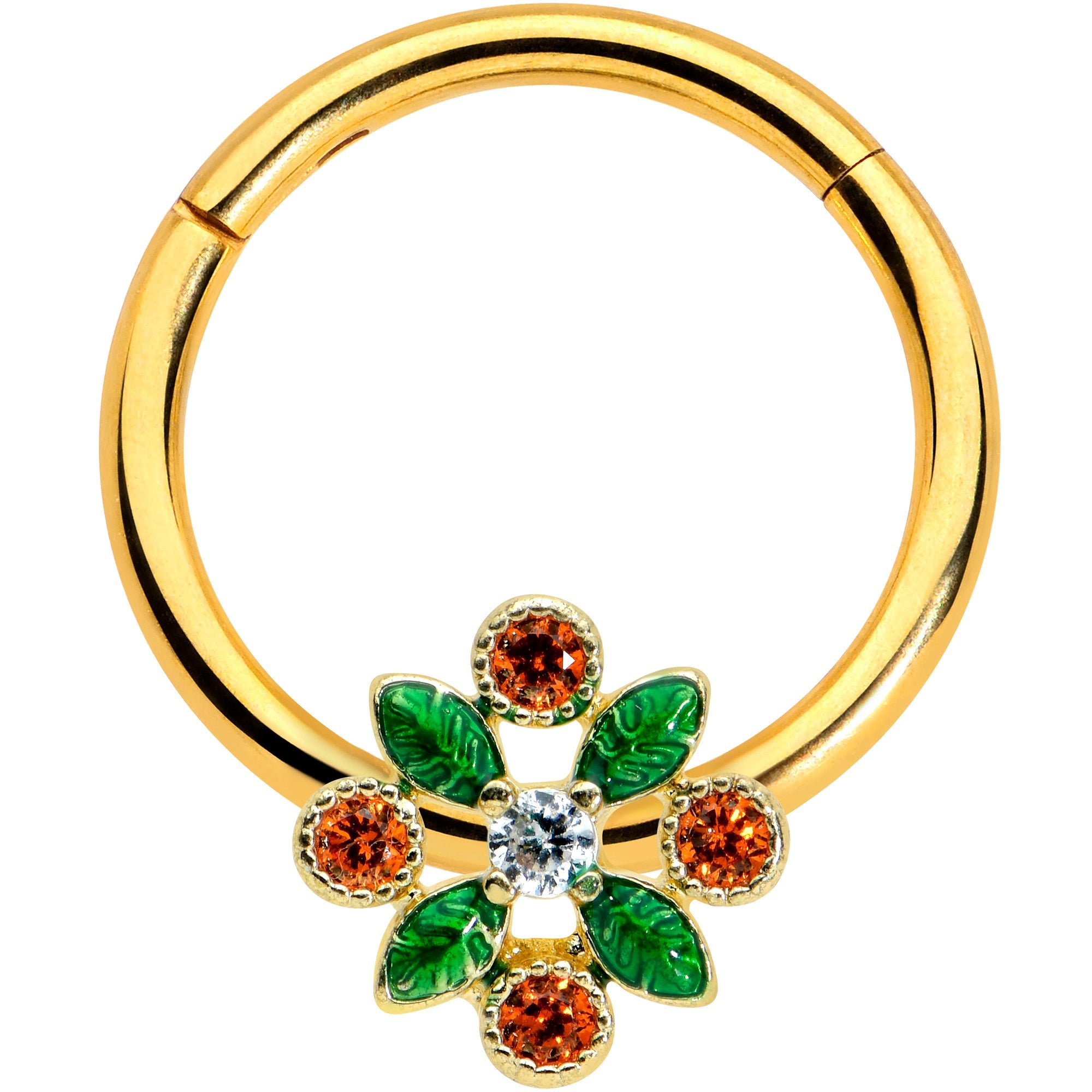 BodyCandy 16G 3/8 Red Gem Gold Tone Crest Christmas Hinged Segment Ring — main product shot