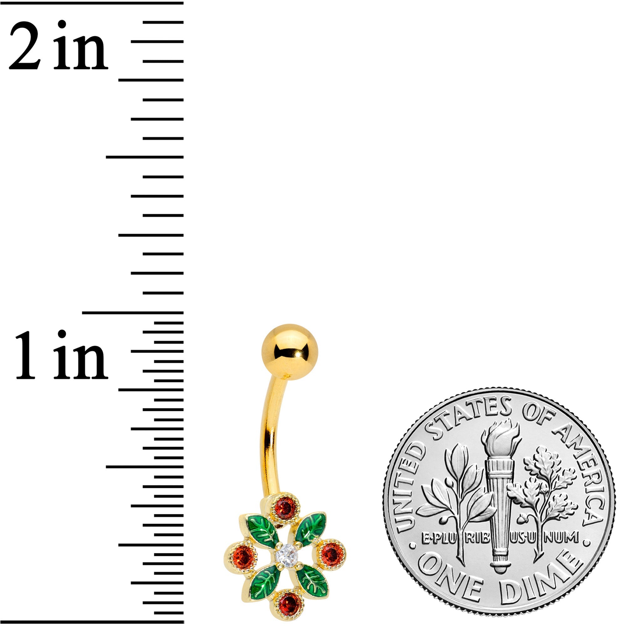 BodyCandy Clear Red Gem Gold Tone Crest Christmas Belly Ring — detail close-up