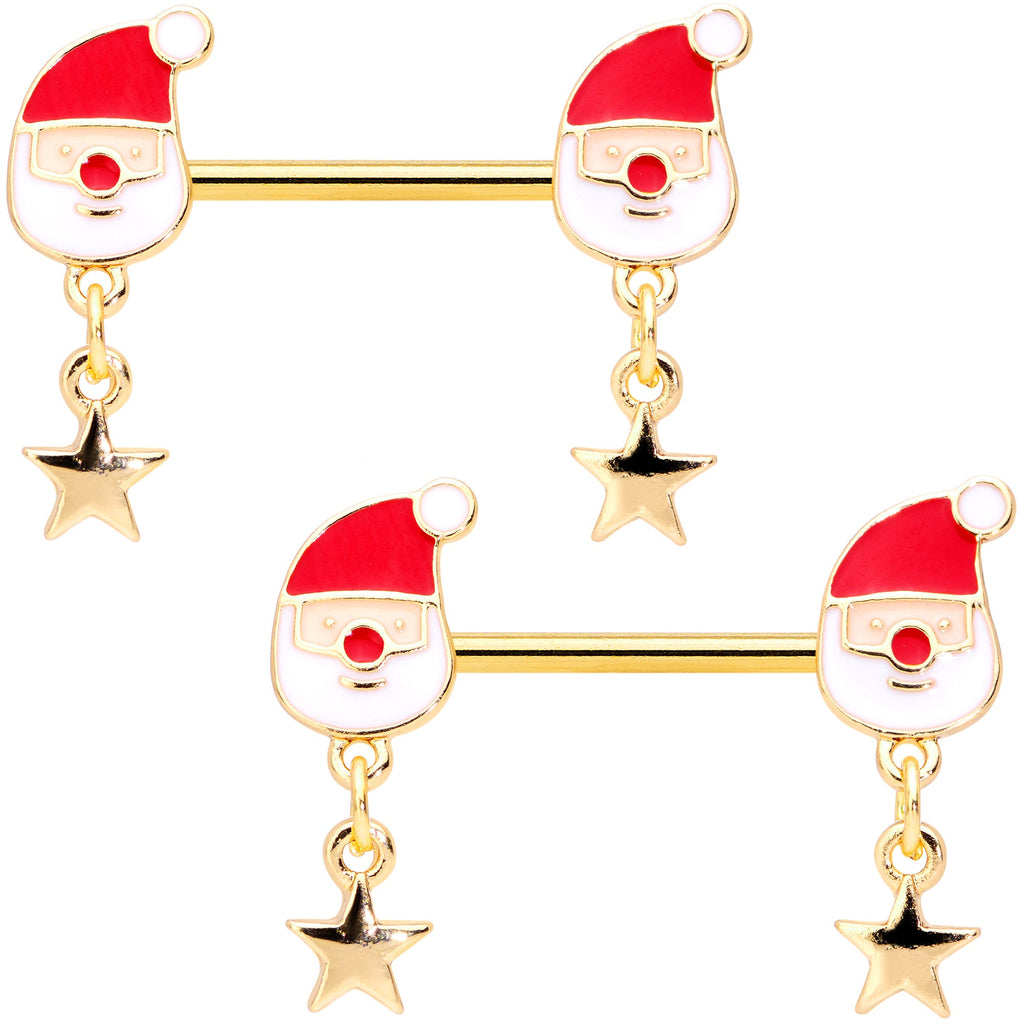 BodyCandy 14G 9/16 Gold Tone Santa Star Christmas Dangle Nipple Ring Set — main product shot