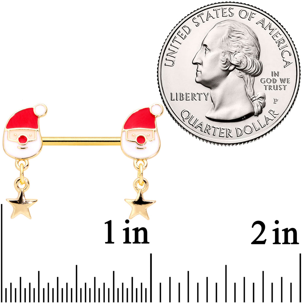 BodyCandy 14G 9/16 Gold Tone Santa Star Christmas Dangle Nipple Ring Set — detail close-up