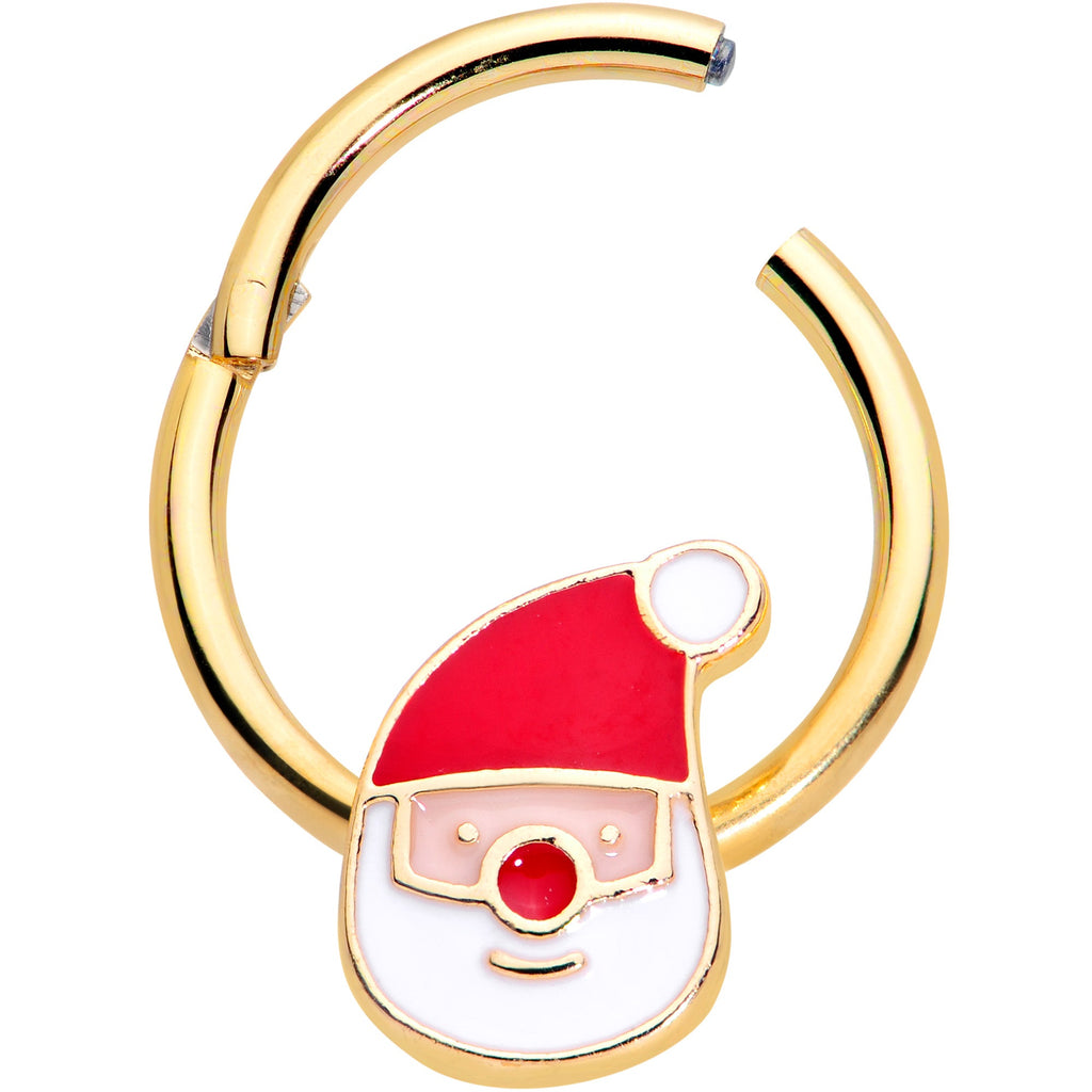 BodyCandy 16G 3/8 Gold Tone Smiling Santa Christmas Hinged Segment Ring — detail close-up
