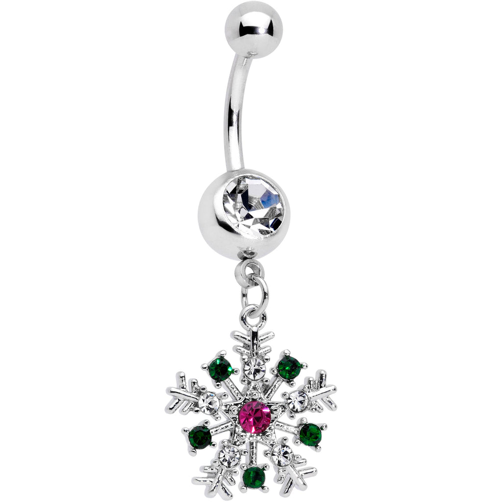 BodyCandy Clear Pink Green Gem Snowflake Holiday Dangle Belly Ring — main product shot