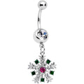 BodyCandy Clear Pink Green Gem Snowflake Holiday Dangle Belly Ring — main product shot