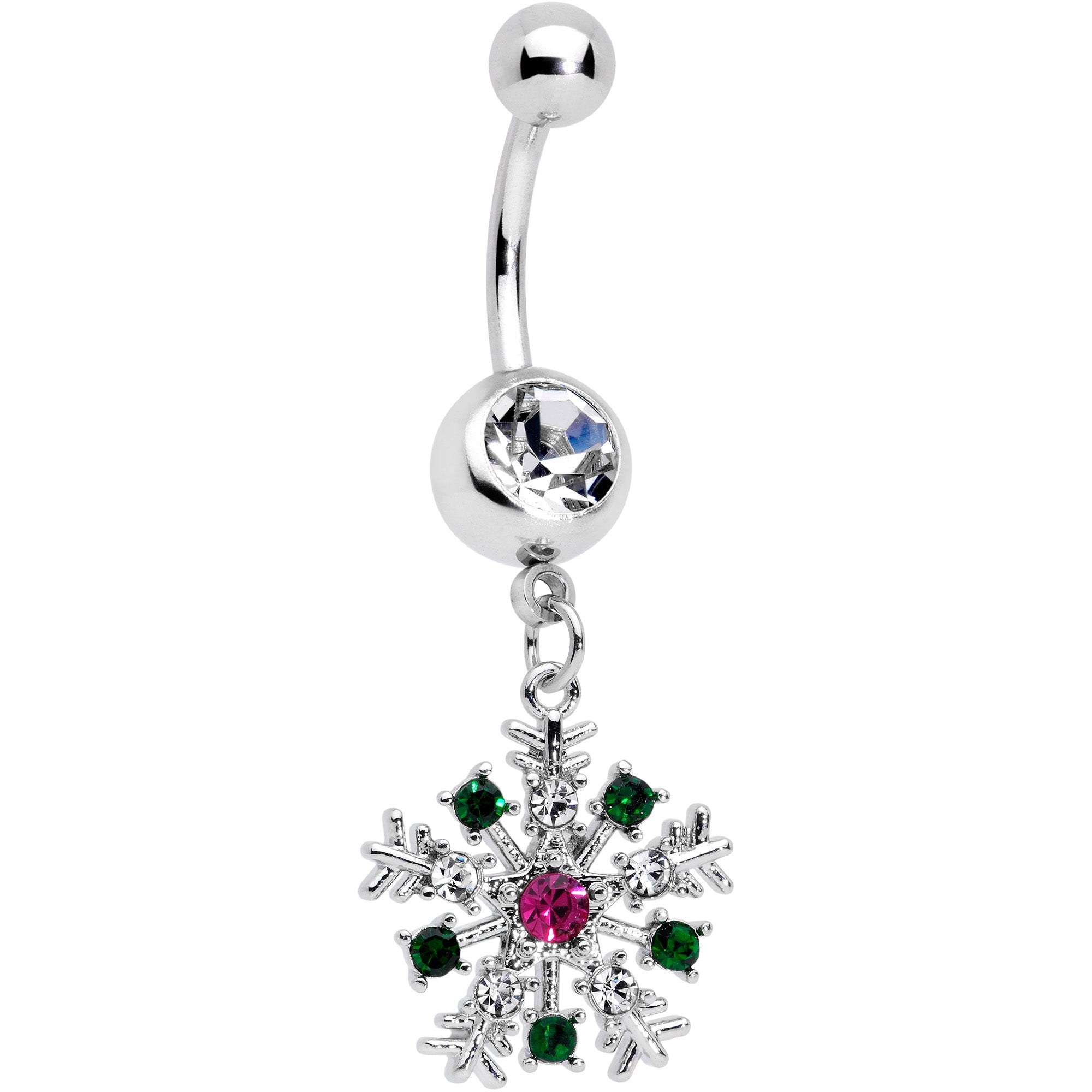 BodyCandy Clear Pink Green Gem Snowflake Holiday Dangle Belly Ring — main product shot