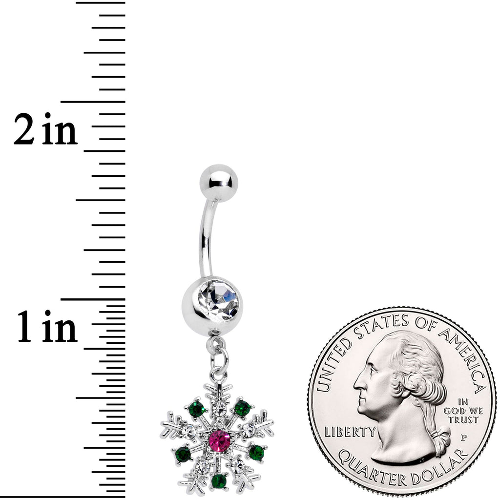BodyCandy Clear Pink Green Gem Snowflake Holiday Dangle Belly Ring — detail close-up