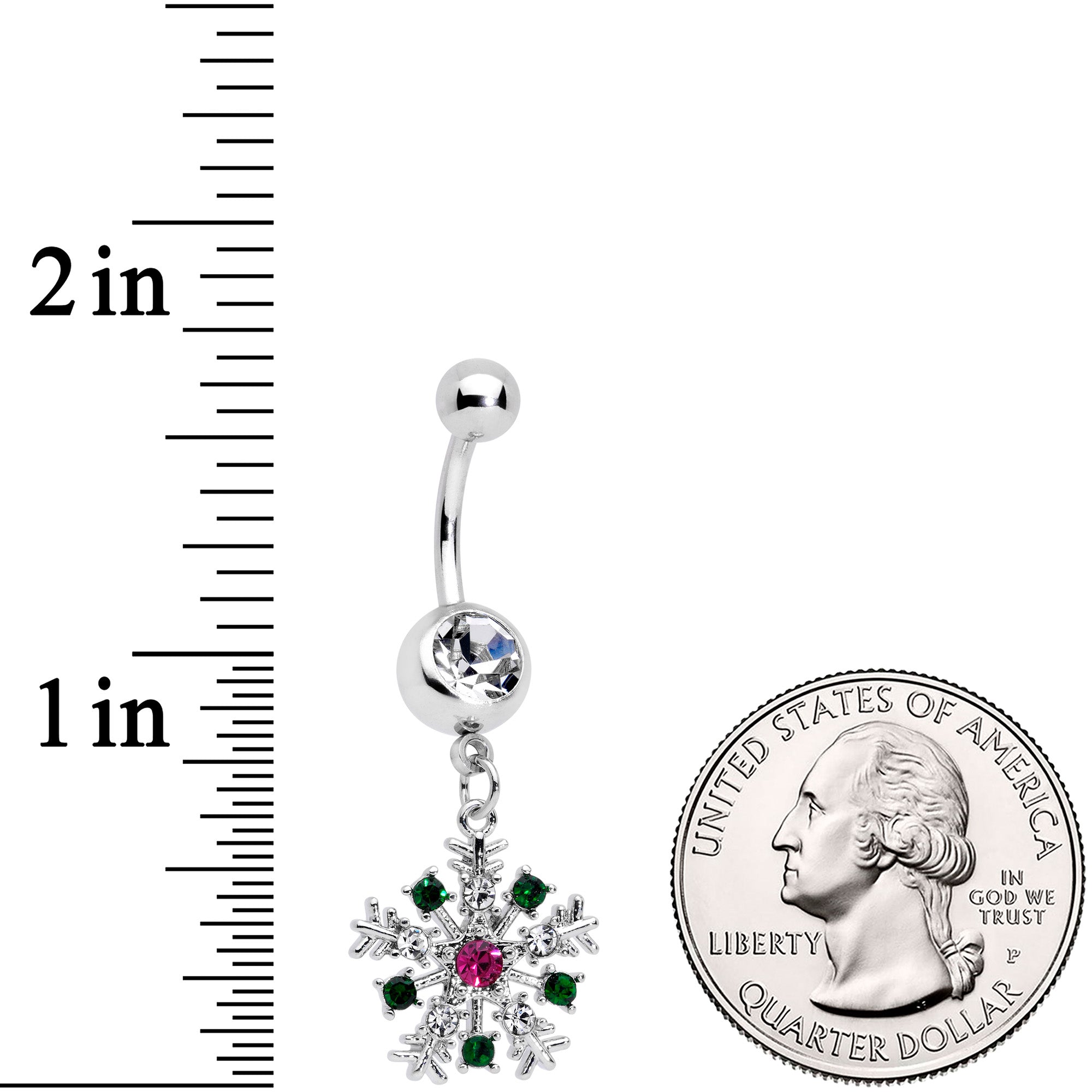 BodyCandy Clear Pink Green Gem Snowflake Holiday Dangle Belly Ring — detail close-up