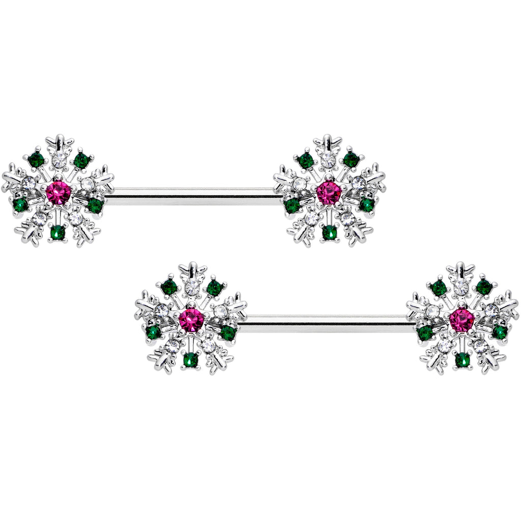 BodyCandy 14G 9/16 Clear Pink Green Gem Snowflake Barbell Nipple Ring Set — main product shot