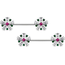 14G 9/16 Clear Pink Green Gem Snowflake Barbell Nipple Ring Set