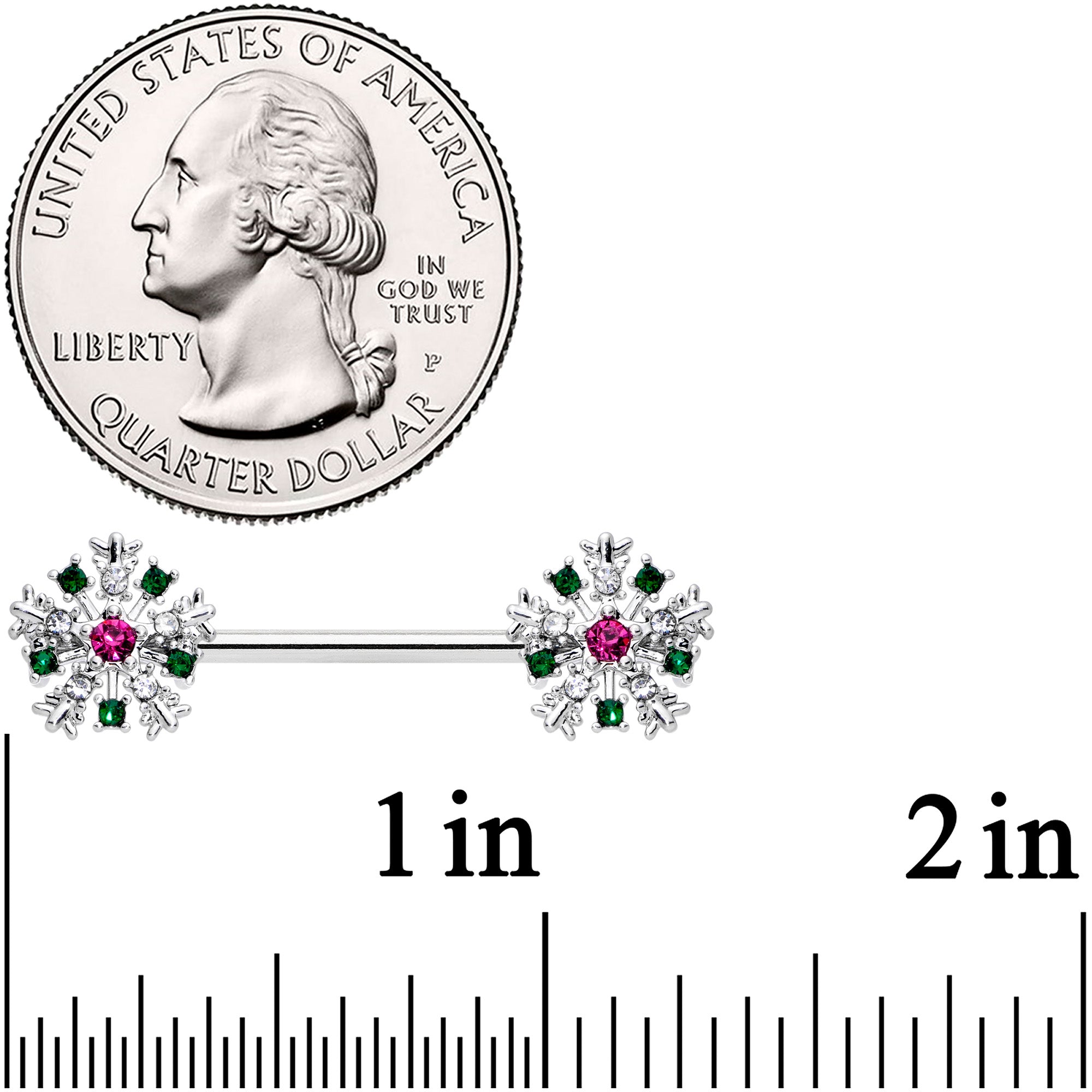 BodyCandy 14G 9/16 Clear Pink Green Gem Snowflake Barbell Nipple Ring Set — detail close-up