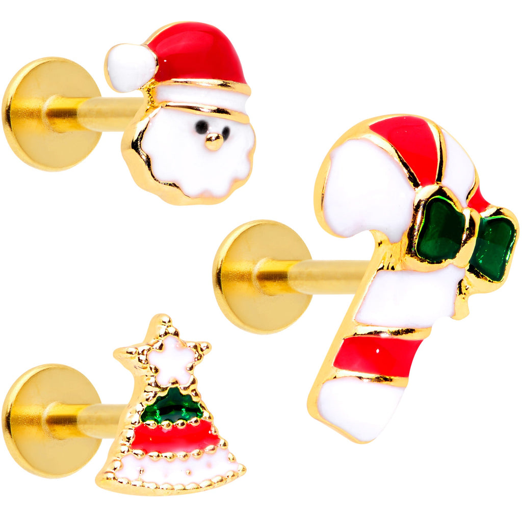 BodyCandy 16G 5/16 Gold Tone Candy Cane Santa Tree Labret Tragus Set of 3 — main product shot