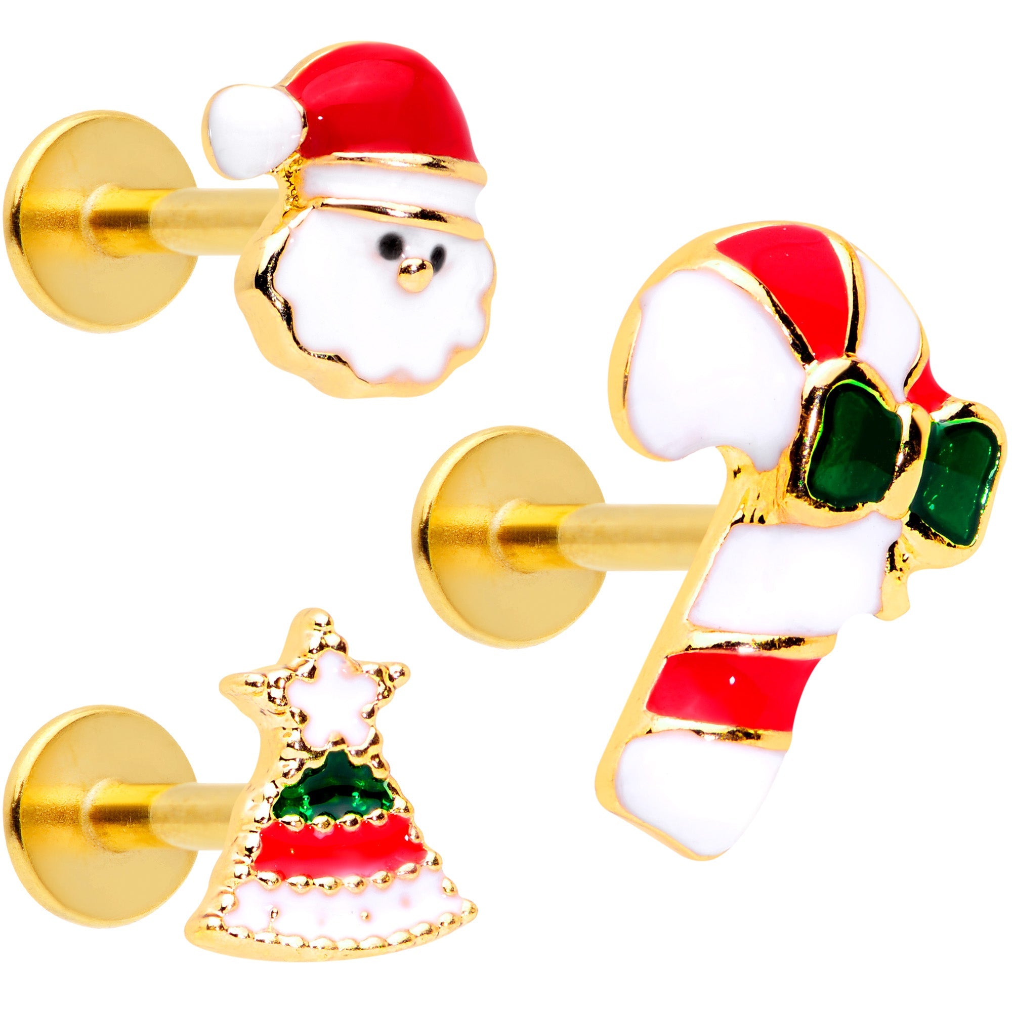 BodyCandy 16G 5/16 Gold Tone Candy Cane Santa Tree Labret Tragus Set of 3 — main product shot