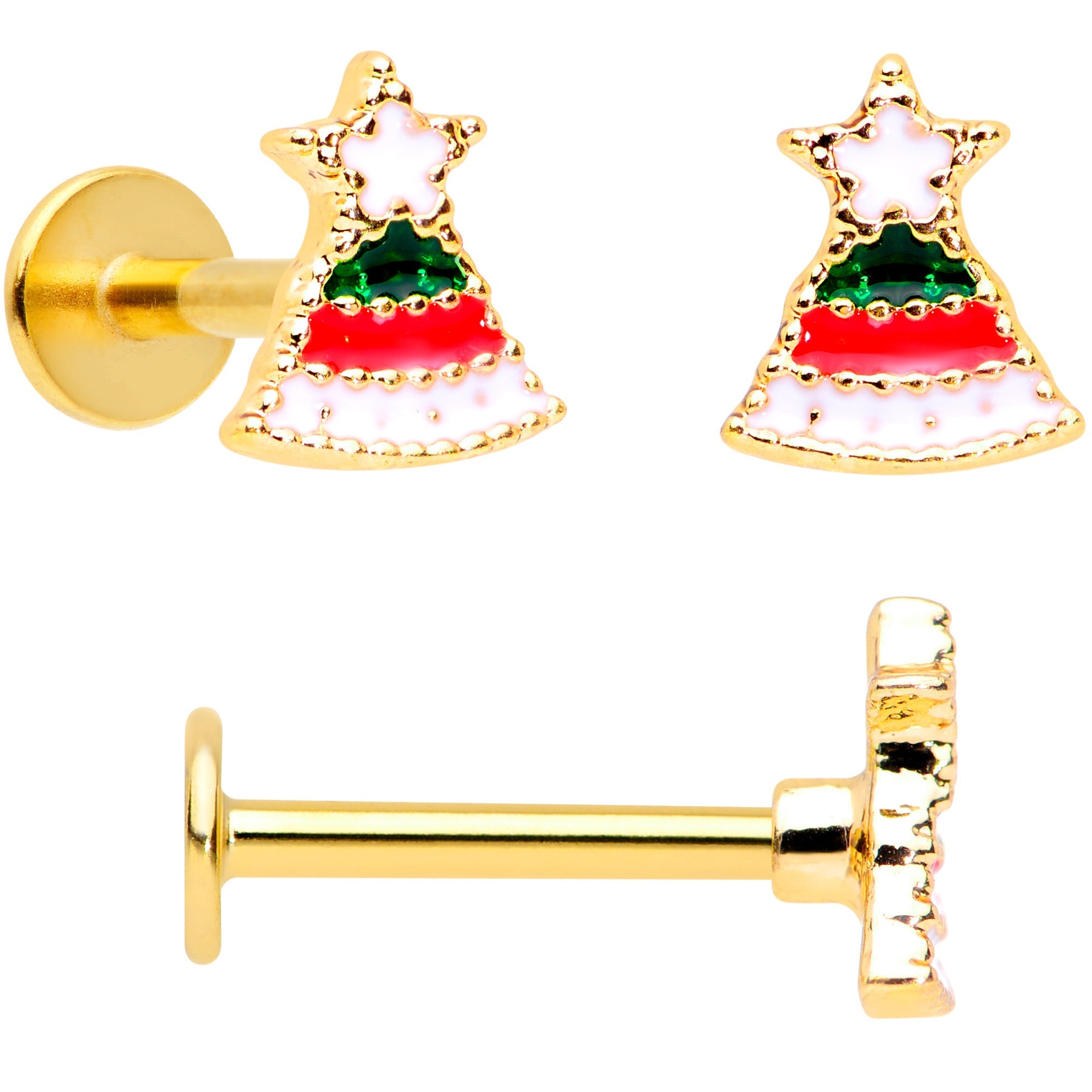 BodyCandy 16G 5/16 Gold Tone Candy Cane Santa Tree Labret Tragus Set of 3 — detail close-up