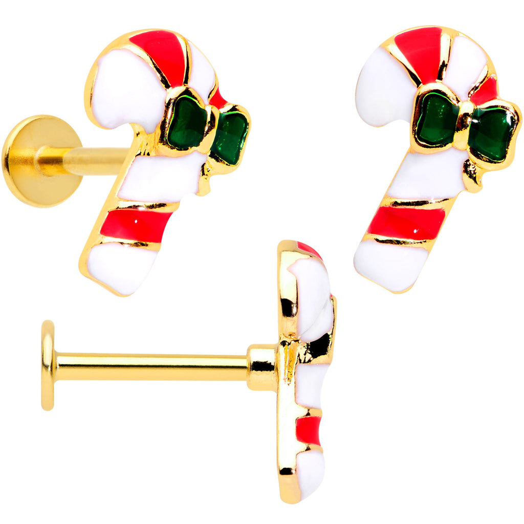 BodyCandy 16G 5/16 Gold Tone Candy Cane Santa Tree Labret Tragus Set of 3 — lifestyle context