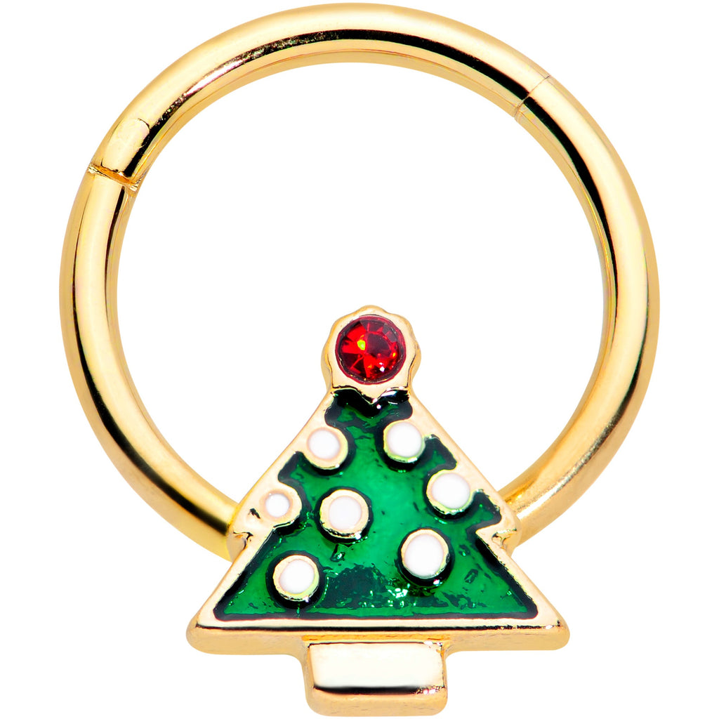 BodyCandy 16G 3/8 Red Gem Gold Tone Christmas Tree Hinged Segment Ring — main product shot