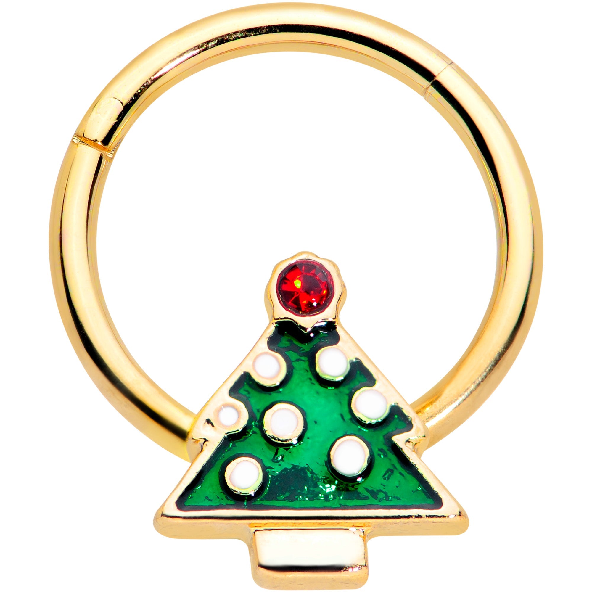 BodyCandy 16G 3/8 Red Gem Gold Tone Christmas Tree Hinged Segment Ring — main product shot