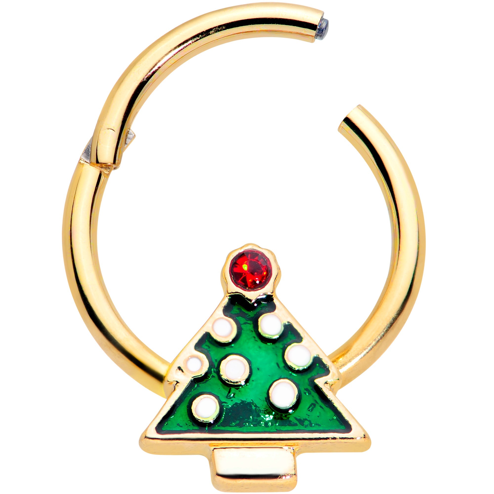 BodyCandy 16G 3/8 Red Gem Gold Tone Christmas Tree Hinged Segment Ring — detail close-up