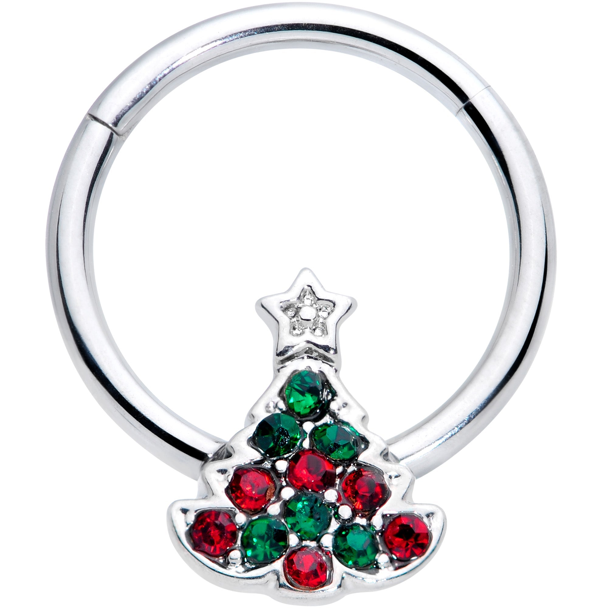BodyCandy 16G 3/8 Red Green Gem Starry Christmas Tree Hinged Segment Ring — main product shot