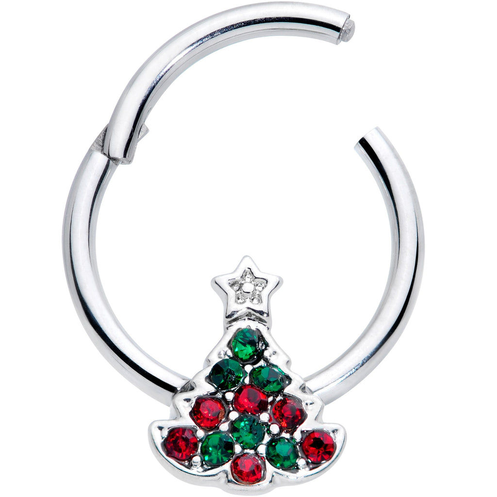 BodyCandy 16G 3/8 Red Green Gem Starry Christmas Tree Hinged Segment Ring — detail close-up