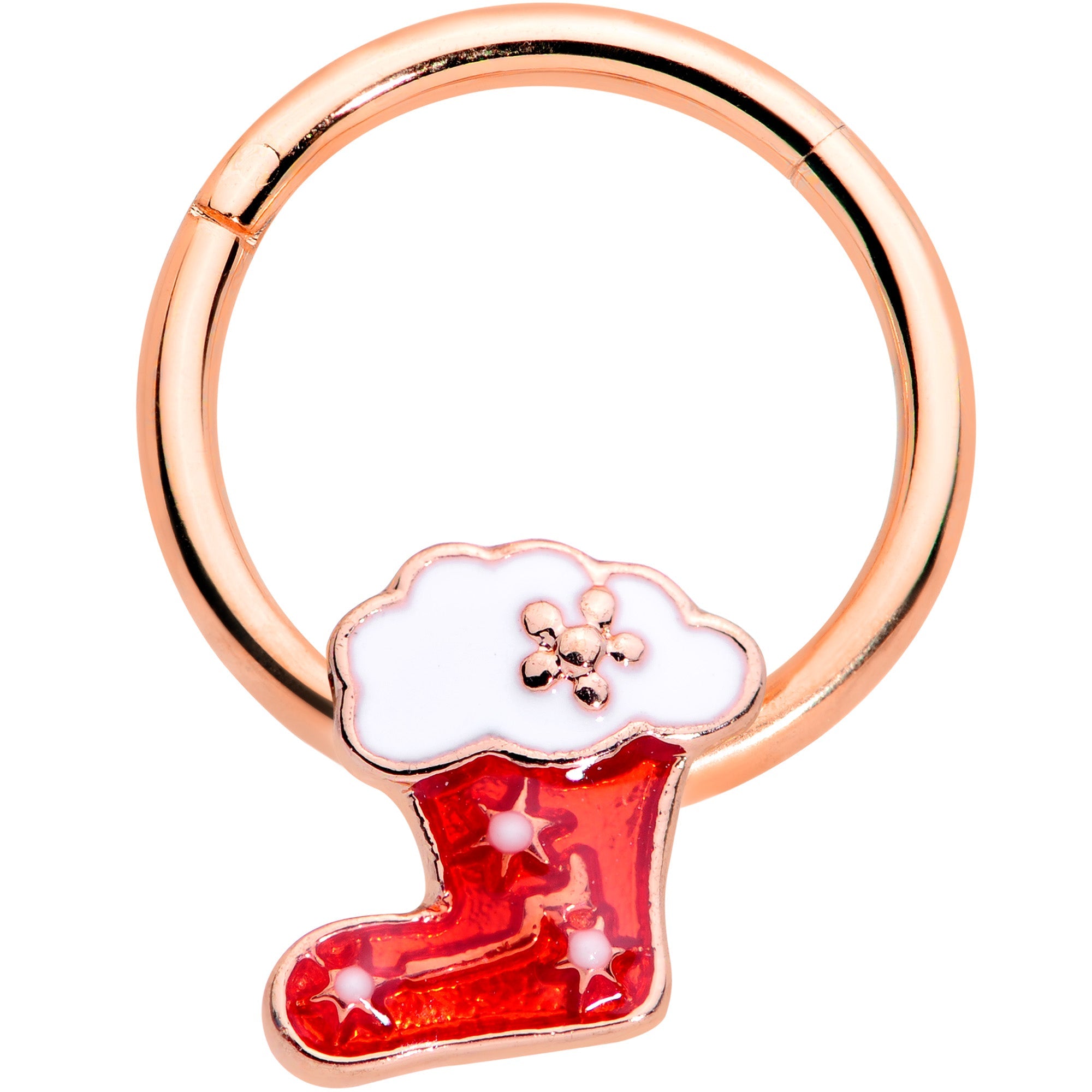 BodyCandy 16G 3/8 Rose Gold Tone Red Christmas Stocking Hinged Segment Ring — main product shot