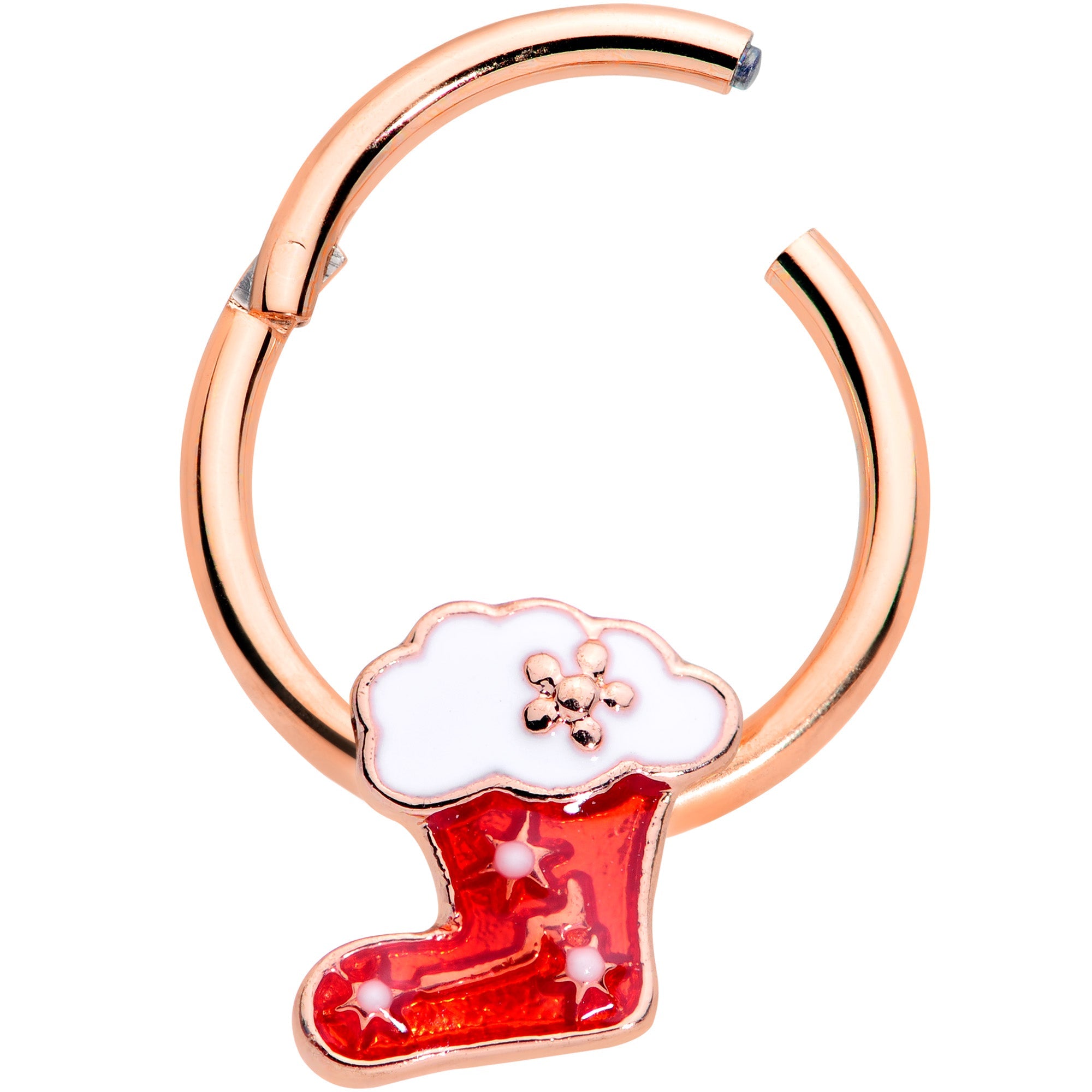 BodyCandy 16G 3/8 Rose Gold Tone Red Christmas Stocking Hinged Segment Ring — detail close-up