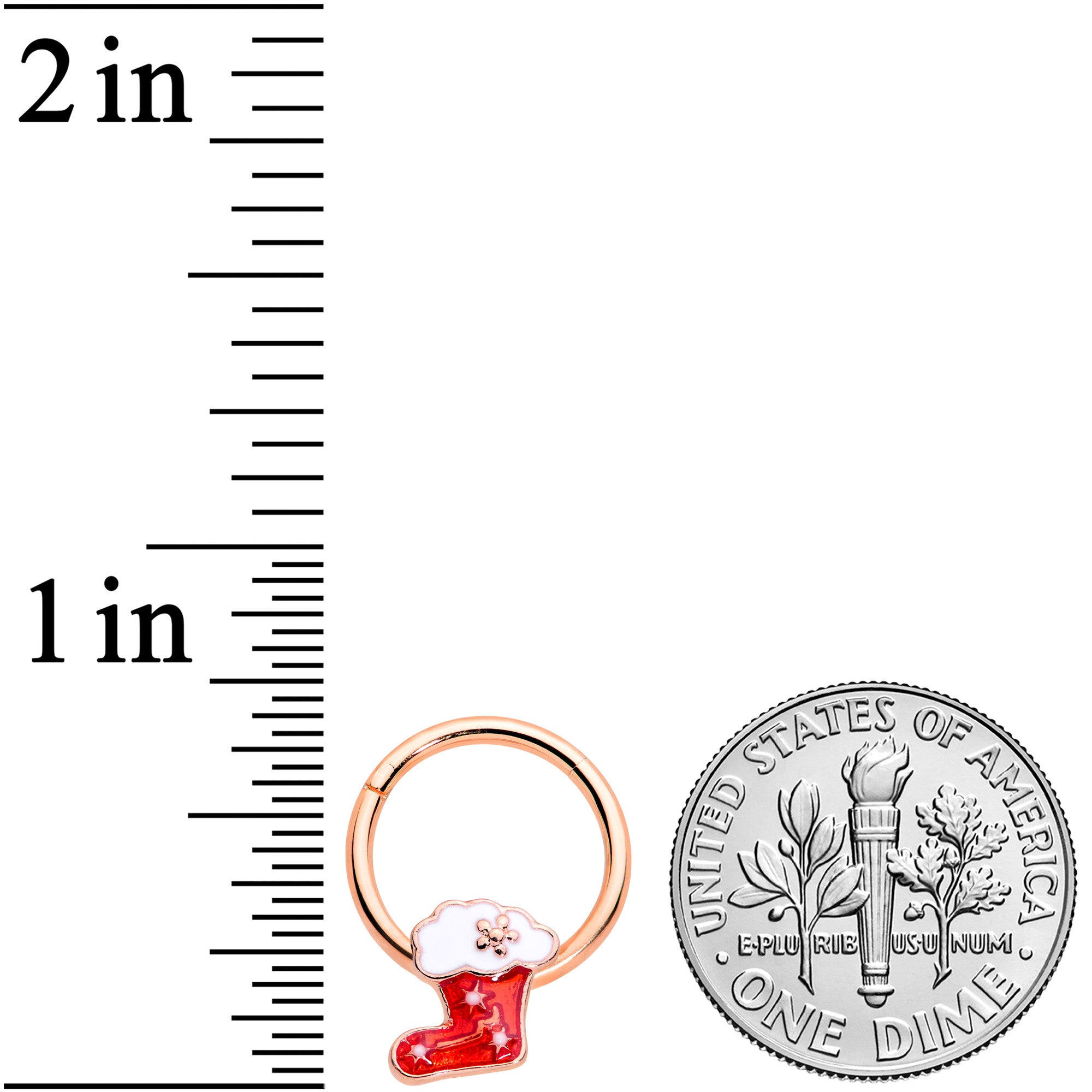 BodyCandy 16G 3/8 Rose Gold Tone Red Christmas Stocking Hinged Segment Ring — lifestyle context