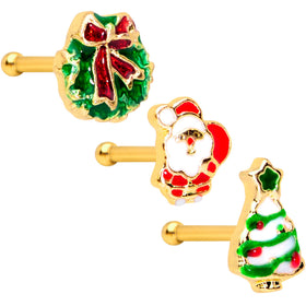 20G 1/4 Gold Tone Santa Tree Wreath Christmas Nose Bone Set of 3