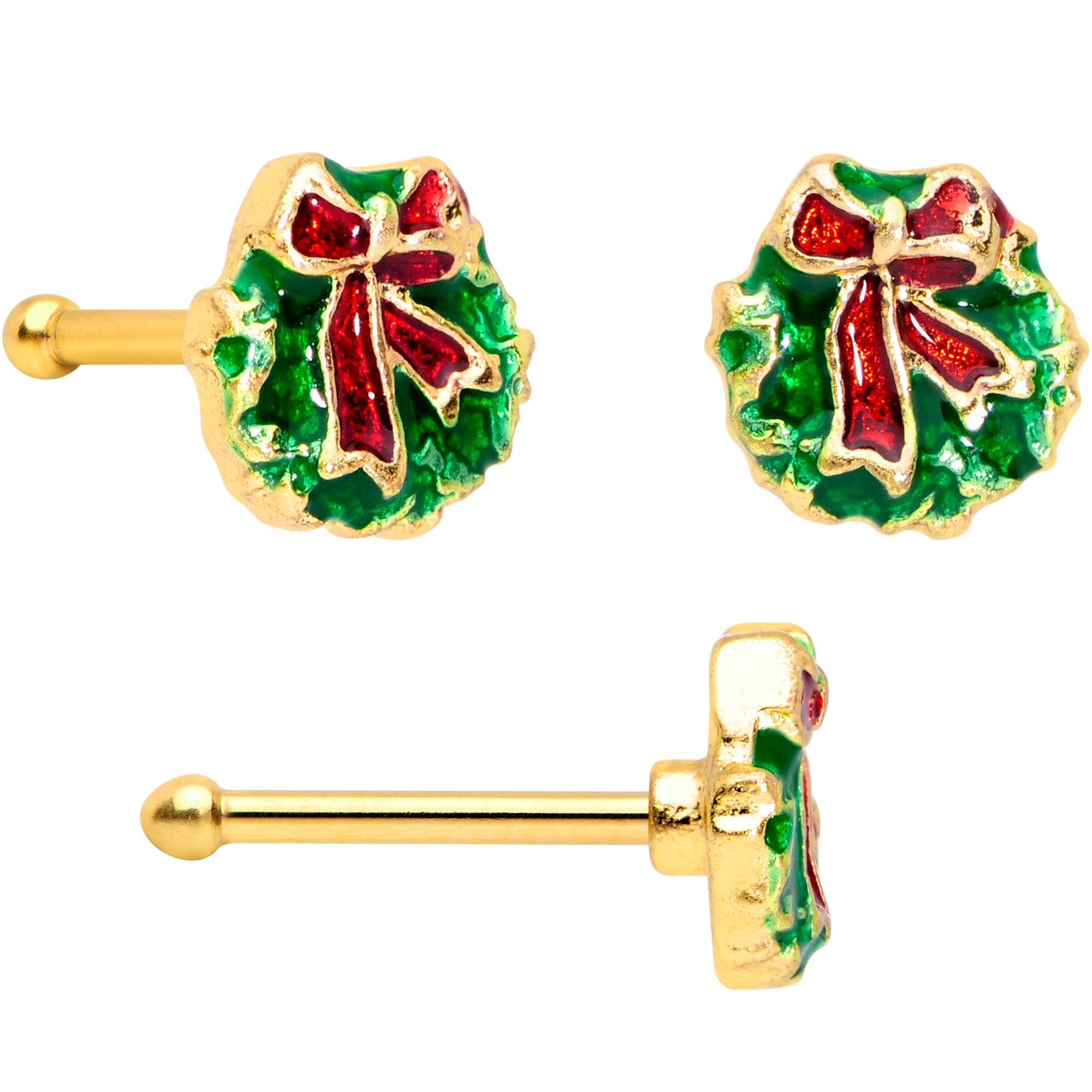 BodyCandy 20G 1/4 Gold Tone Santa Tree Wreath Christmas Nose Bone Set of 3 — detail close-up