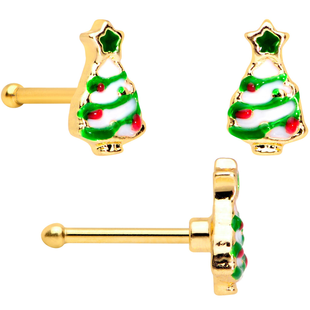 BodyCandy 20G 1/4 Gold Tone Santa Tree Wreath Christmas Nose Bone Set of 3 — side view