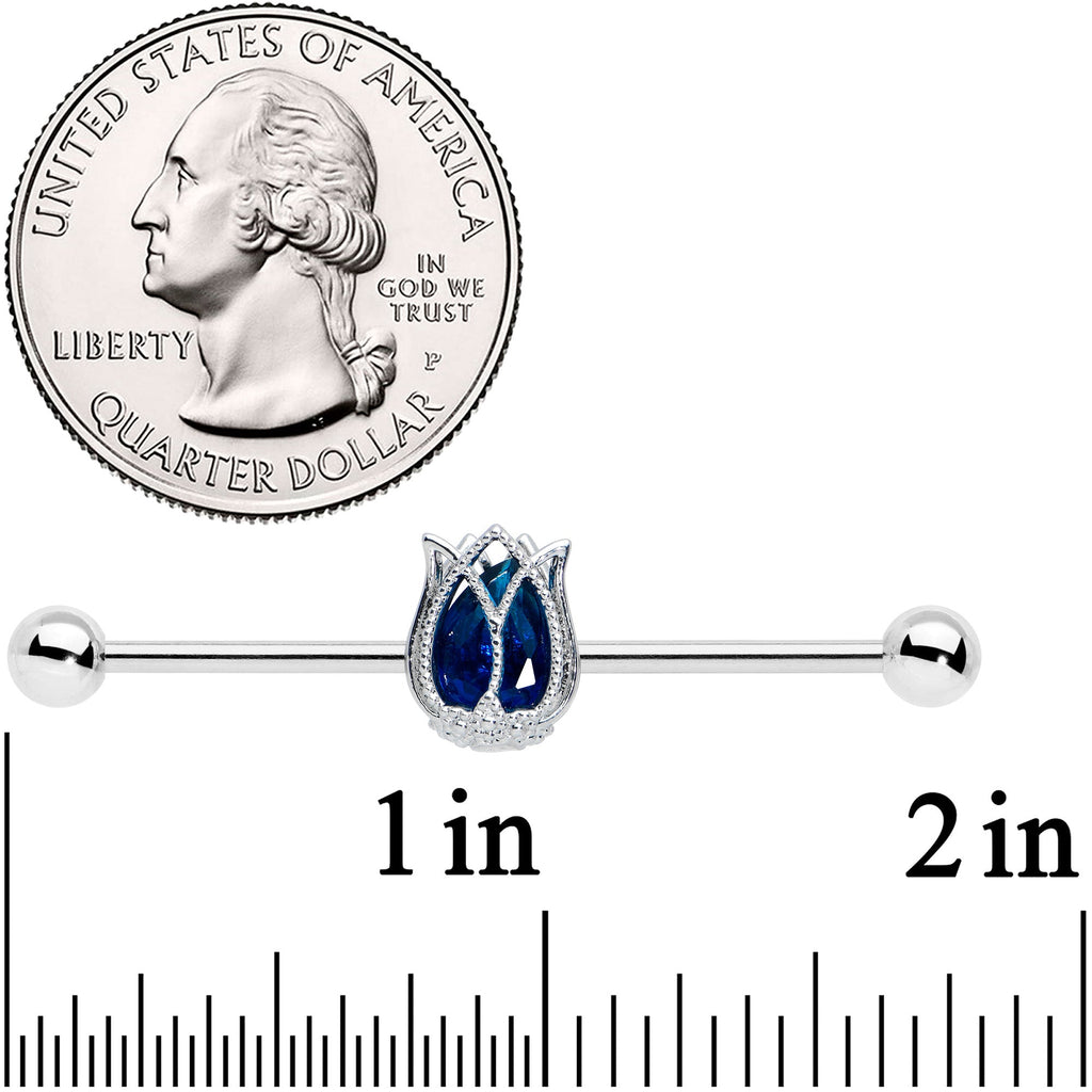 BodyCandy 14G Blue Gem Tulip Flower Industrial Barbell 38mm — detail close-up