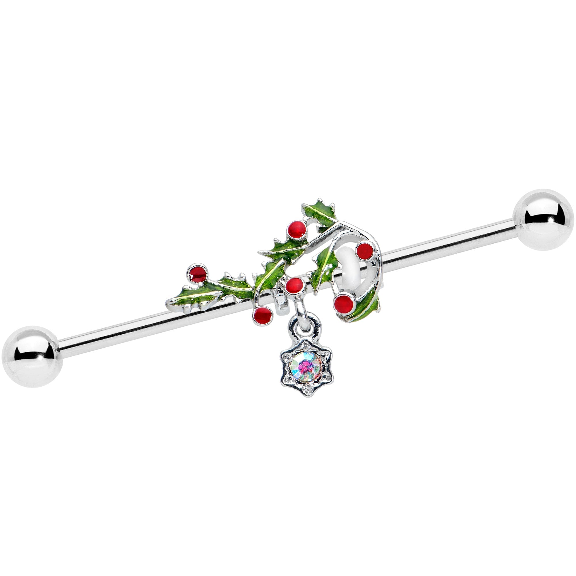 BodyCandy 14G Aurora Gem Candy Cane Holly Christmas Industrial Barbell 38mm — main product shot