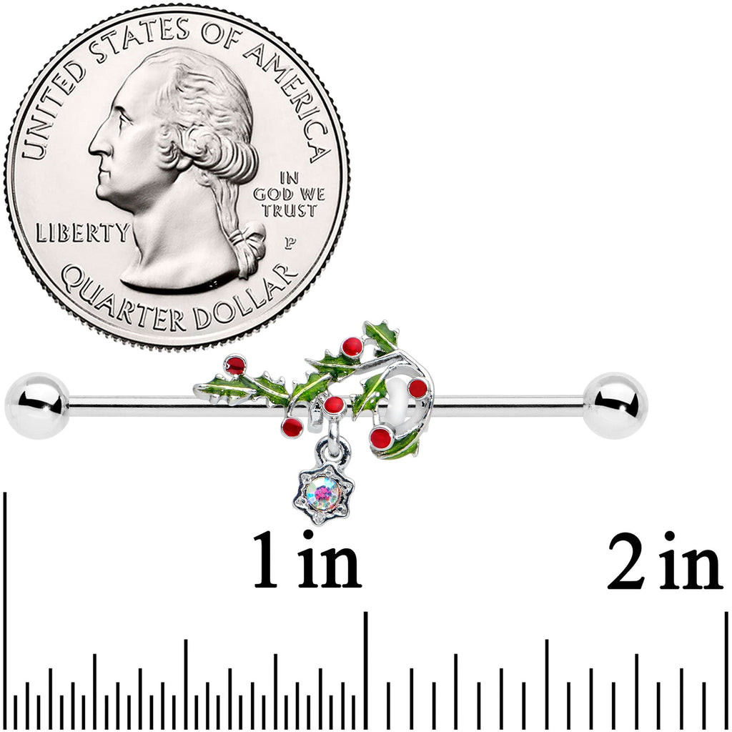 BodyCandy 14G Aurora Gem Candy Cane Holly Christmas Industrial Barbell 38mm — detail close-up
