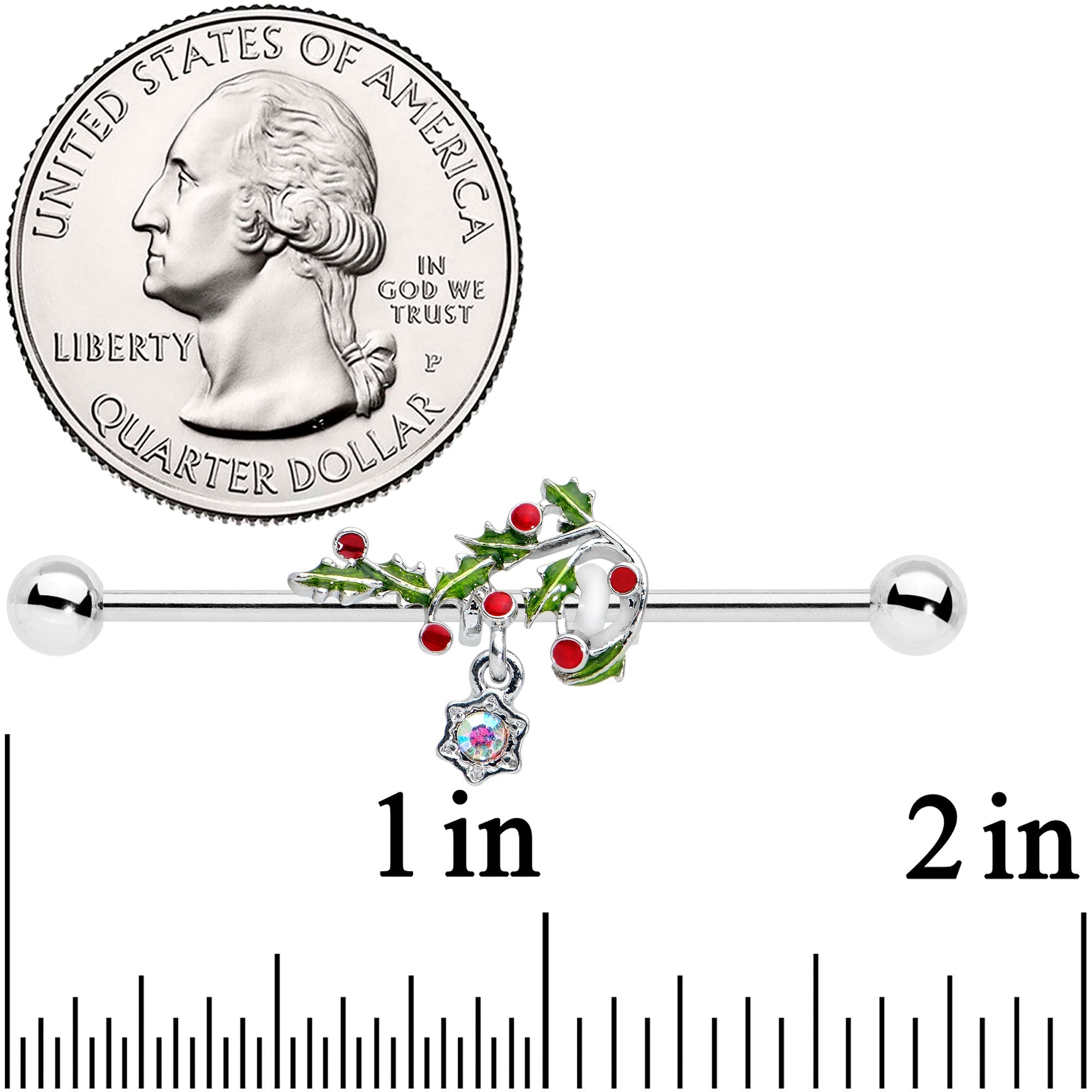 BodyCandy 14G Aurora Gem Candy Cane Holly Christmas Industrial Barbell 38mm — detail close-up