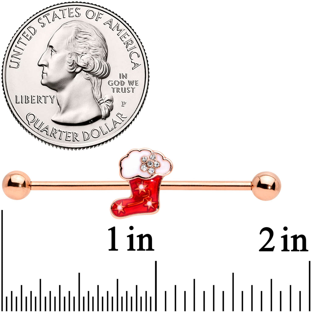 BodyCandy 14G Rose Gold Tone Christmas Stocking Industrial Barbell 38mm — detail close-up