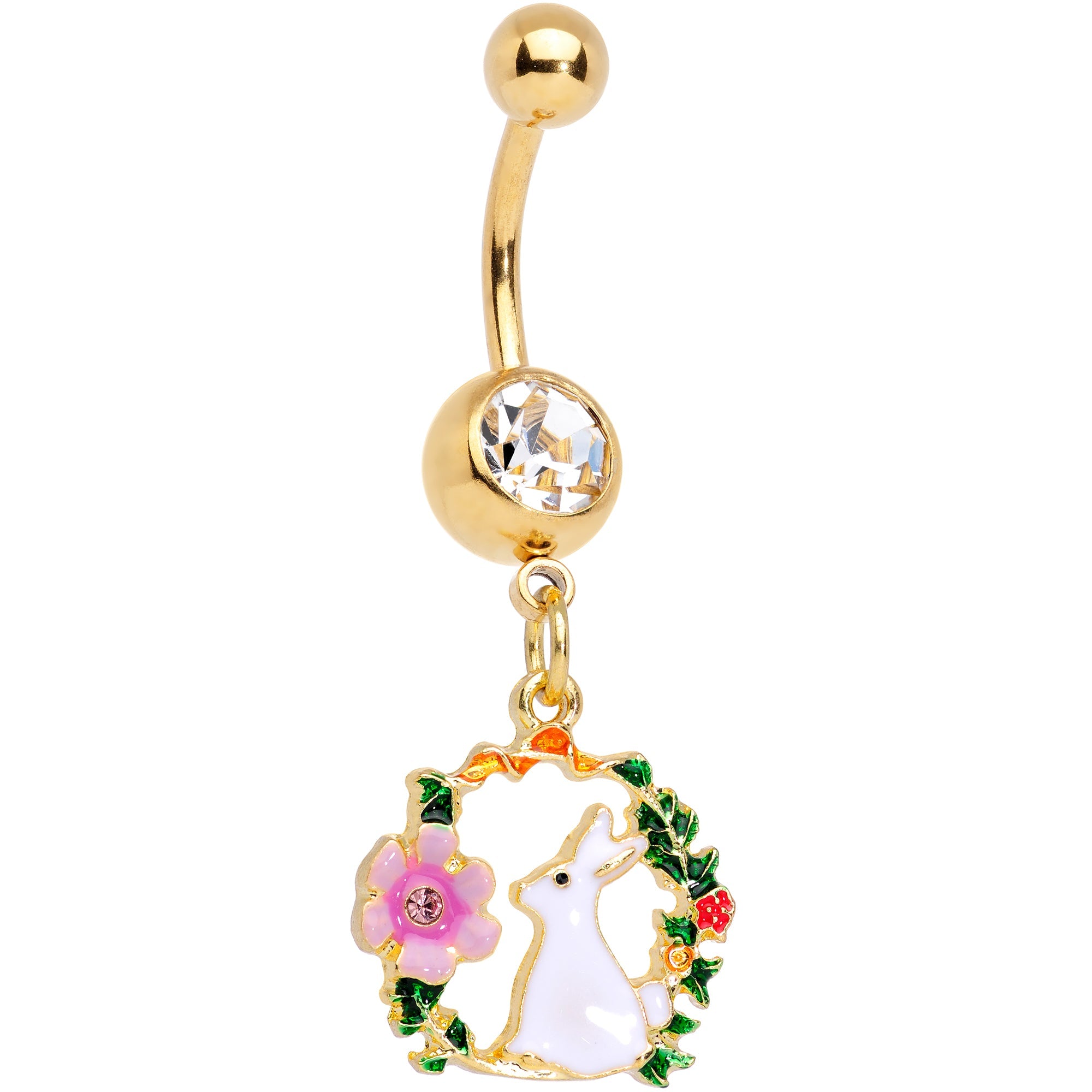 BodyCandy Clear Gem Gold Tone Bunny Rabbit Flower Wreath Dangle Belly Ring — main product shot