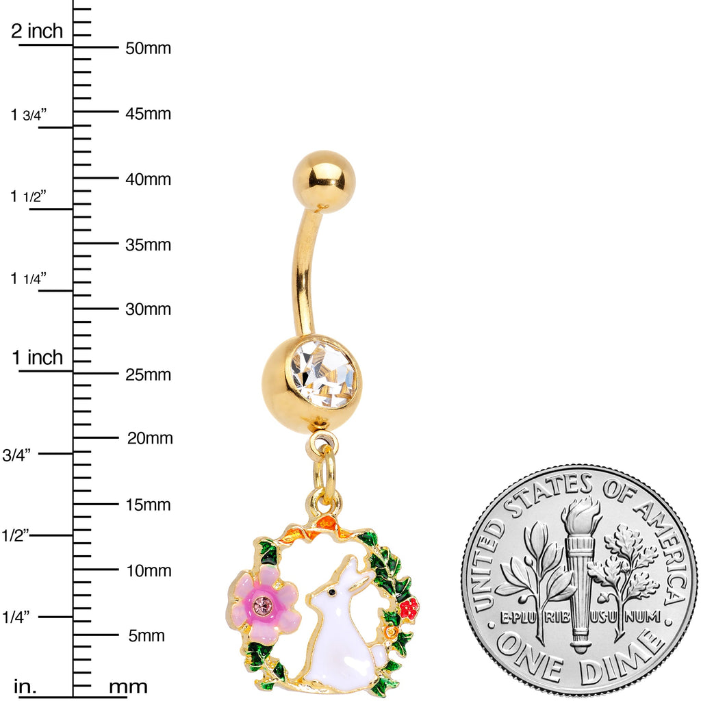 BodyCandy Clear Gem Gold Tone Bunny Rabbit Flower Wreath Dangle Belly Ring — detail close-up