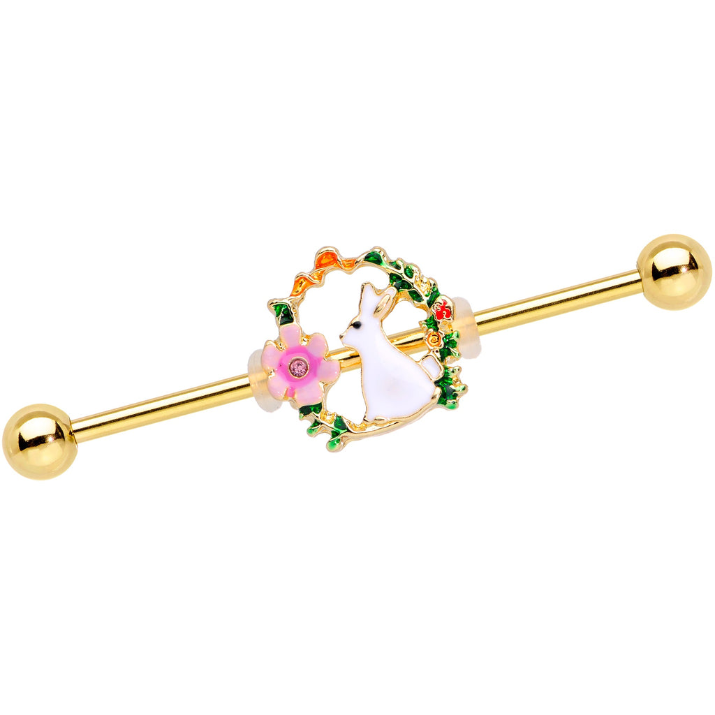 BodyCandy 14G Clear Gem Gold Tone Bunny Flower Industrial Barbell 38mm — main product shot