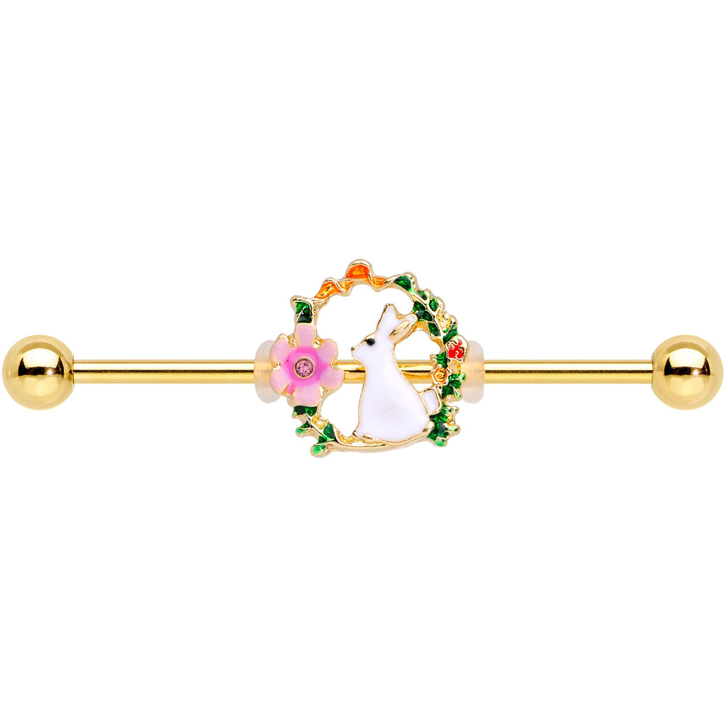 BodyCandy 14G Clear Gem Gold Tone Bunny Flower Industrial Barbell 38mm — detail close-up