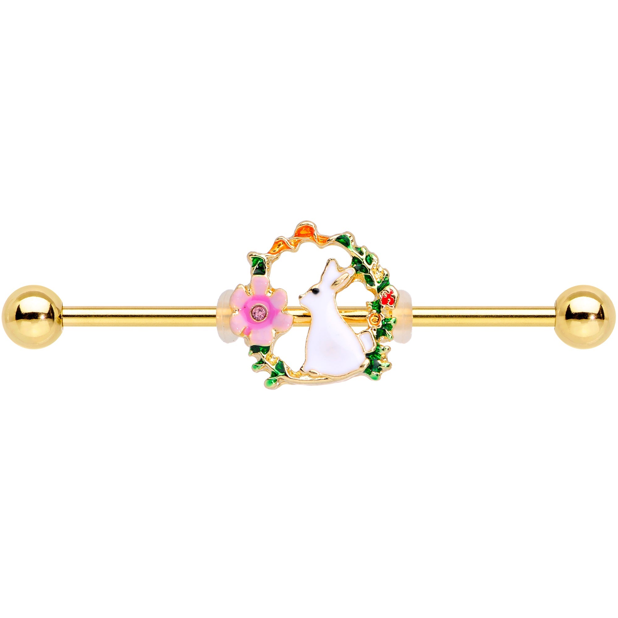 BodyCandy 14G Clear Gem Gold Tone Bunny Flower Industrial Barbell 38mm — detail close-up