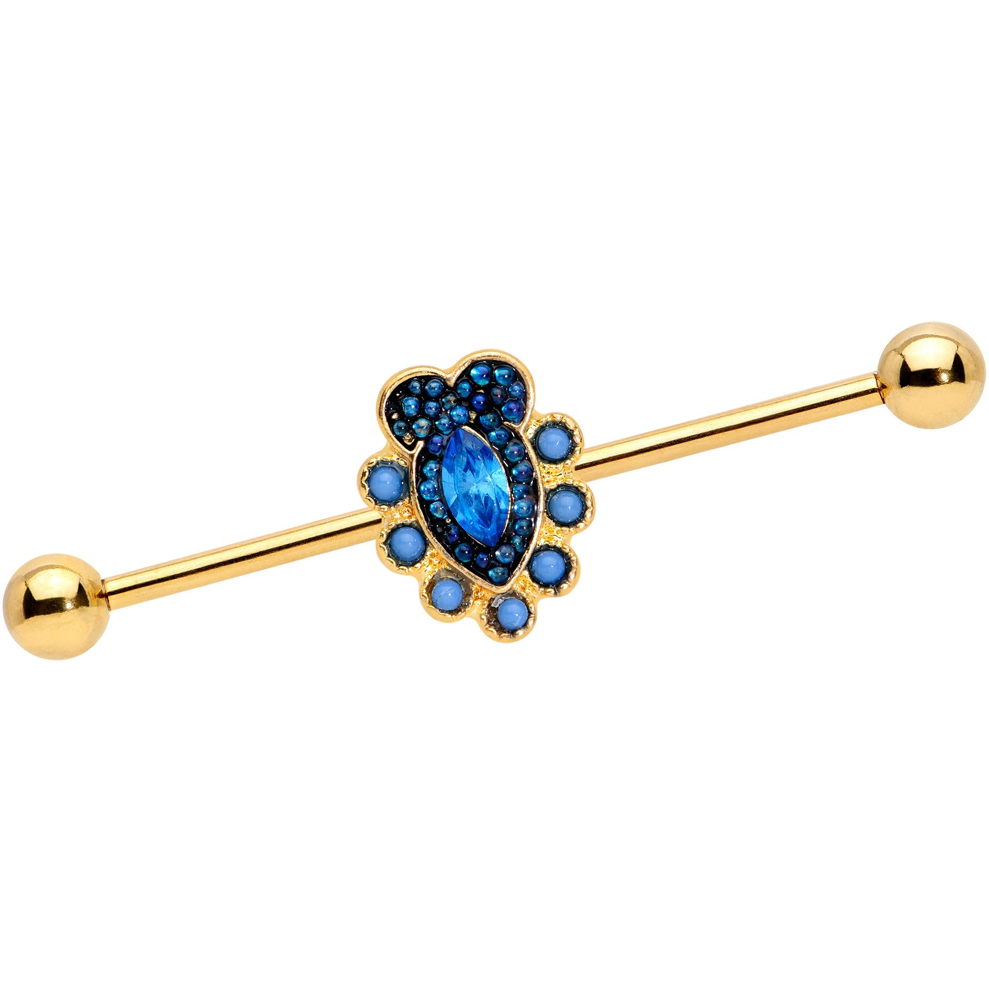BodyCandy 14G Blue Gem Gold Tone Opulent Oval Industrial Barbell 38mm — main product shot