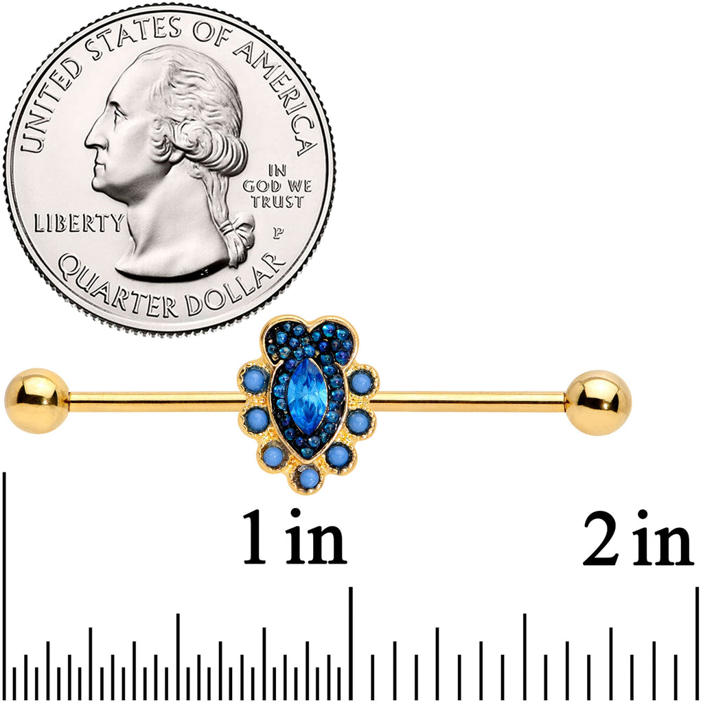 BodyCandy 14G Blue Gem Gold Tone Opulent Oval Industrial Barbell 38mm — detail close-up