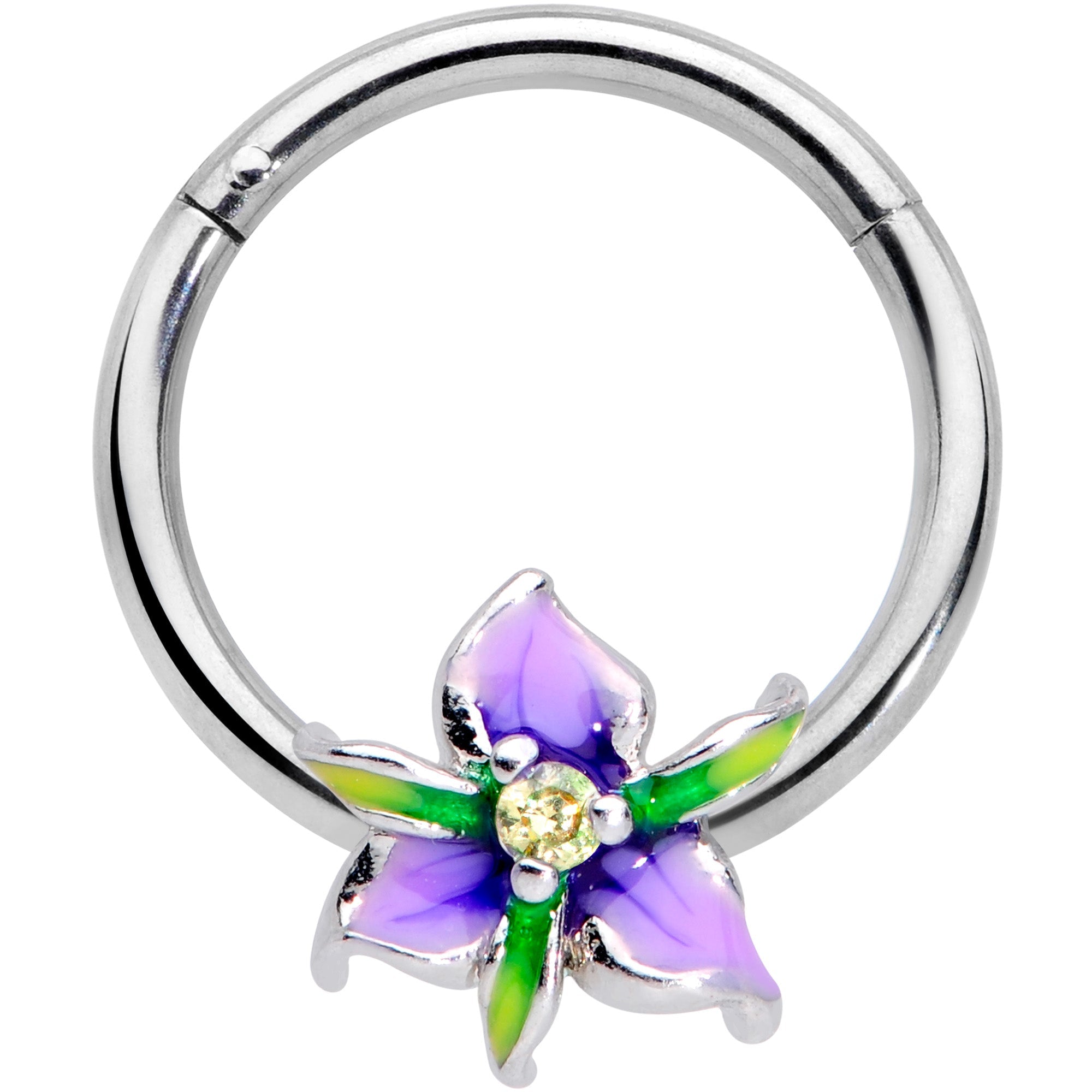 BodyCandy 16G 3/8 Clear Gem Purple Iris Flower Hinged Segment Ring — main product shot