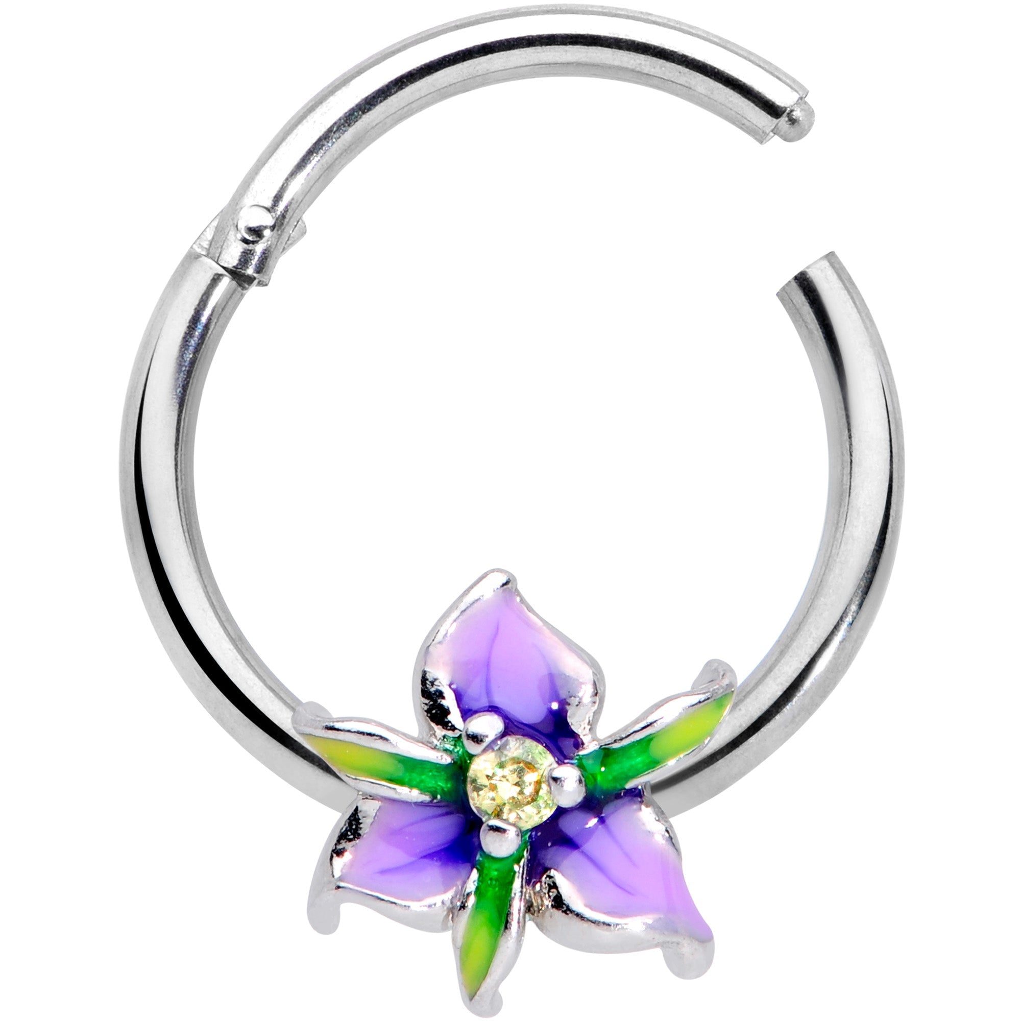 BodyCandy 16G 3/8 Clear Gem Purple Iris Flower Hinged Segment Ring — detail close-up